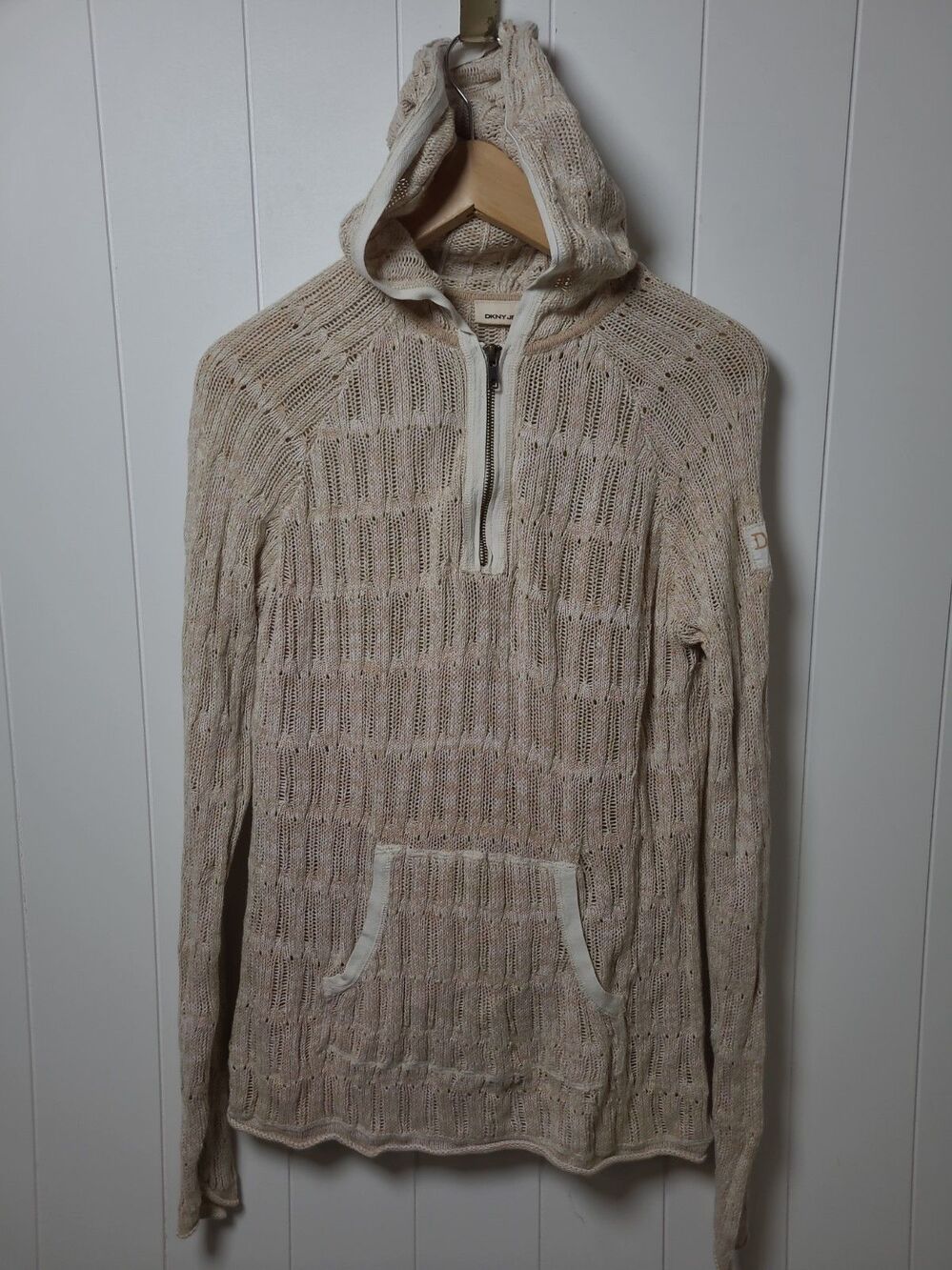 DKNY Y2k Hooded Knit Sweater Womens Large Pullover Pocket Cotton Tan Fall